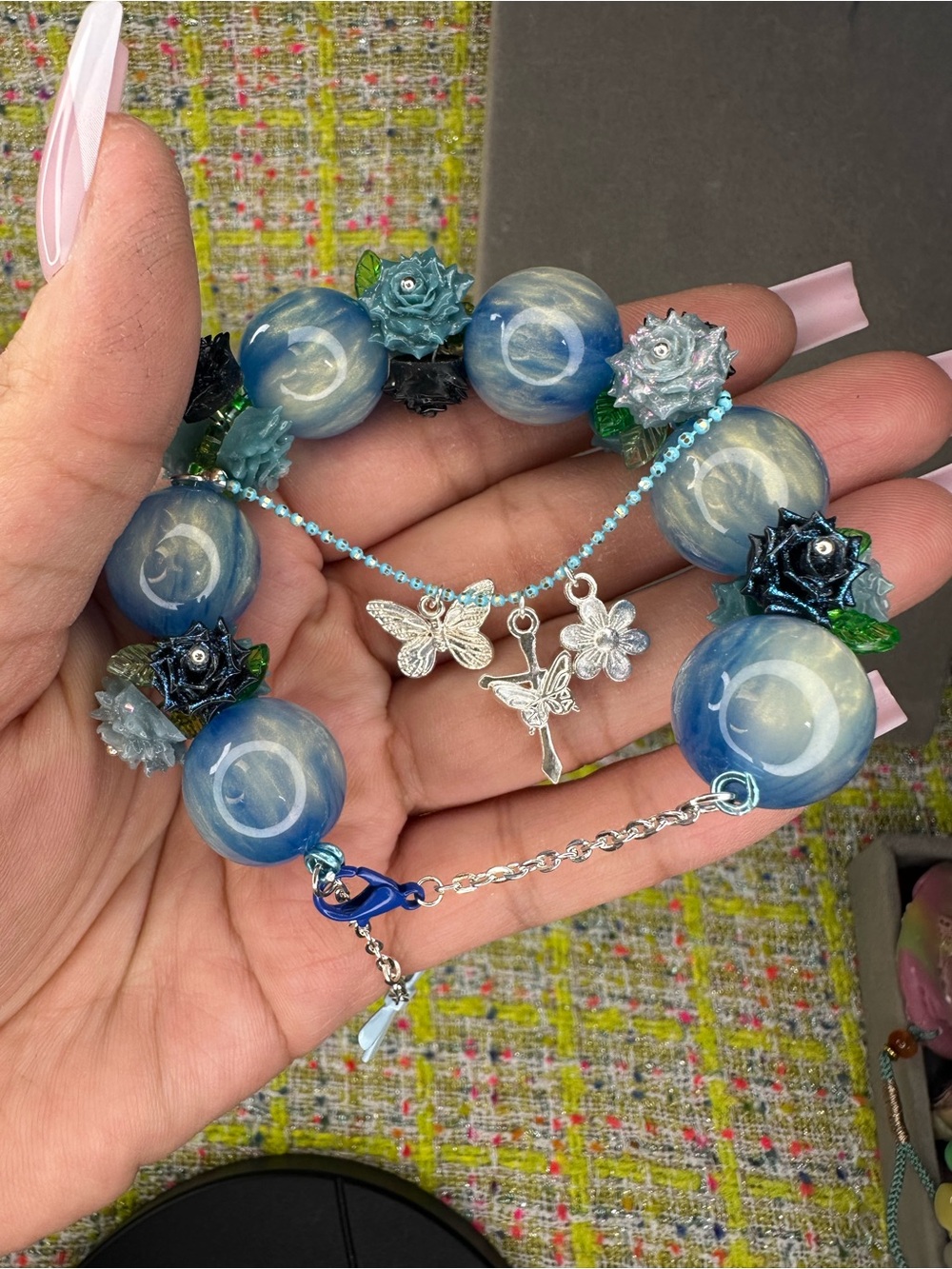 Blue acrylic flower with Coral Beaded Bracelet